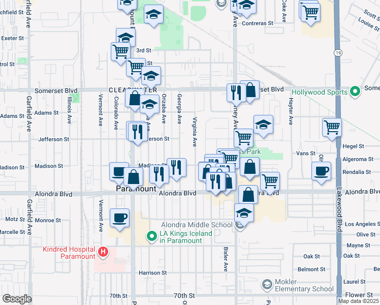 map of restaurants, bars, coffee shops, grocery stores, and more near 15533 Virginia Avenue in Paramount