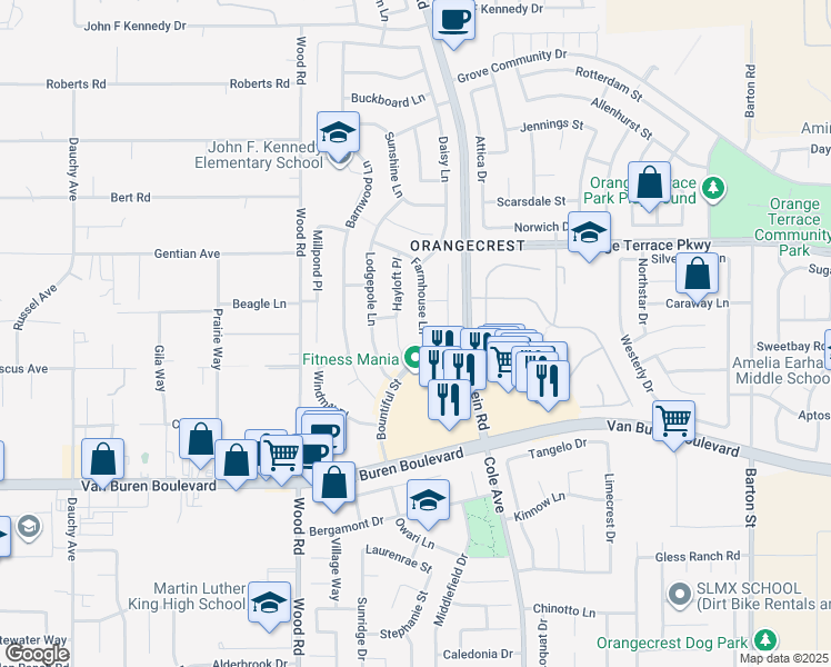 map of restaurants, bars, coffee shops, grocery stores, and more near 8663 Farmhouse Lane in Riverside