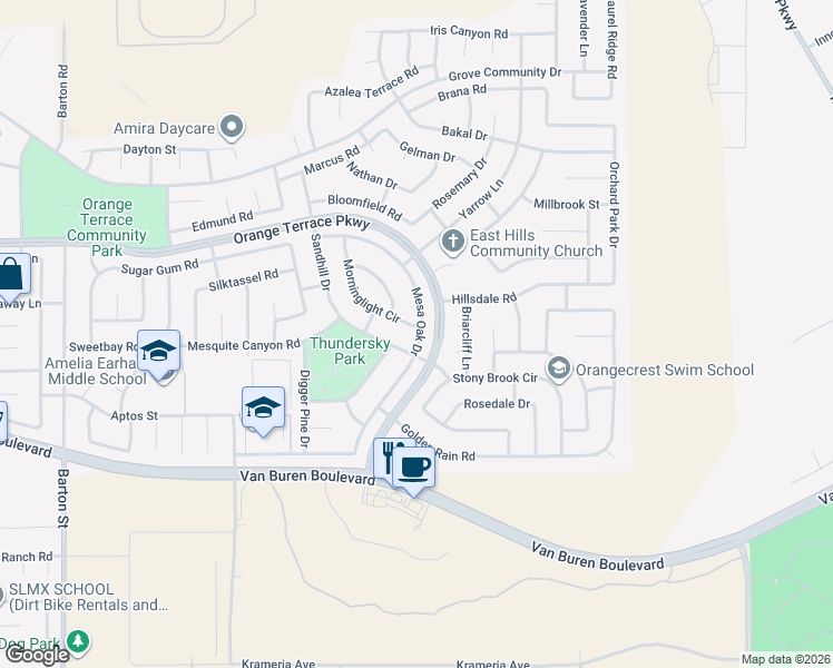 map of restaurants, bars, coffee shops, grocery stores, and more near 8728 Mesa Oak Drive in Riverside