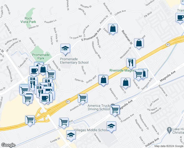 map of restaurants, bars, coffee shops, grocery stores, and more near 412 Bristol Way in Corona