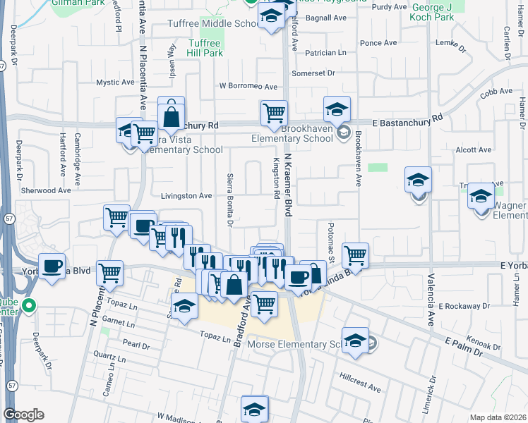 map of restaurants, bars, coffee shops, grocery stores, and more near in Placentia