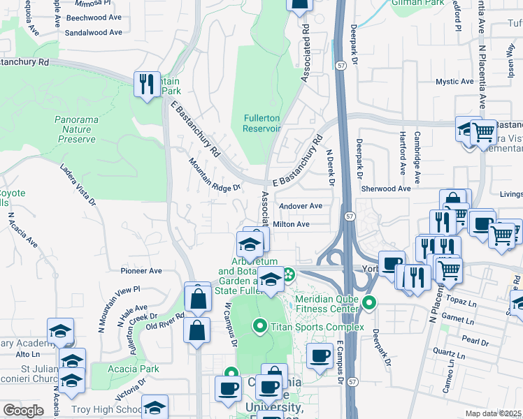 map of restaurants, bars, coffee shops, grocery stores, and more near 2134 Rockridge Court in Fullerton