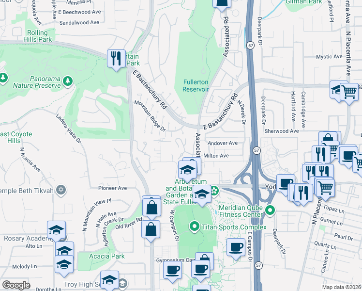 map of restaurants, bars, coffee shops, grocery stores, and more near 2408 North North Creek Lane in Fullerton