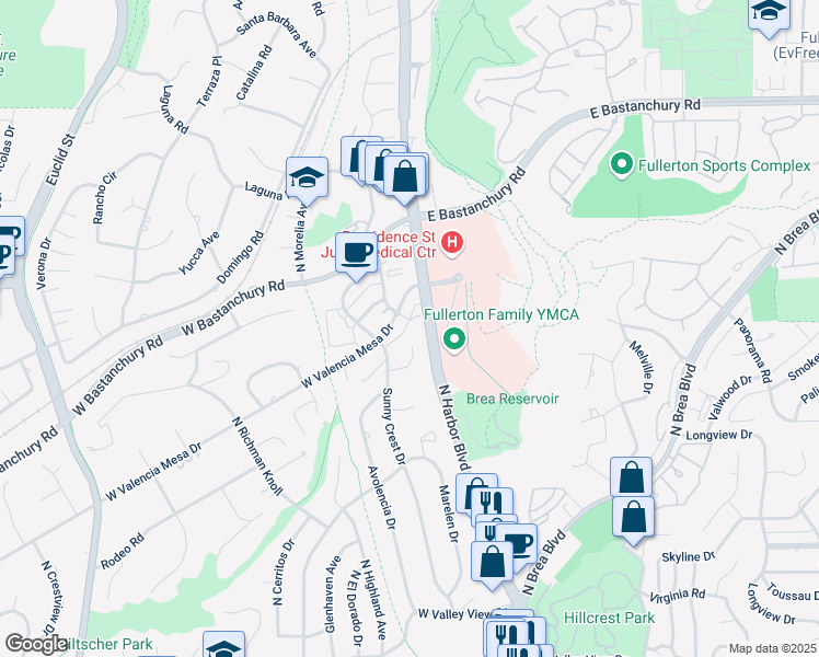map of restaurants, bars, coffee shops, grocery stores, and more near 1807 Cristine Place in Fullerton
