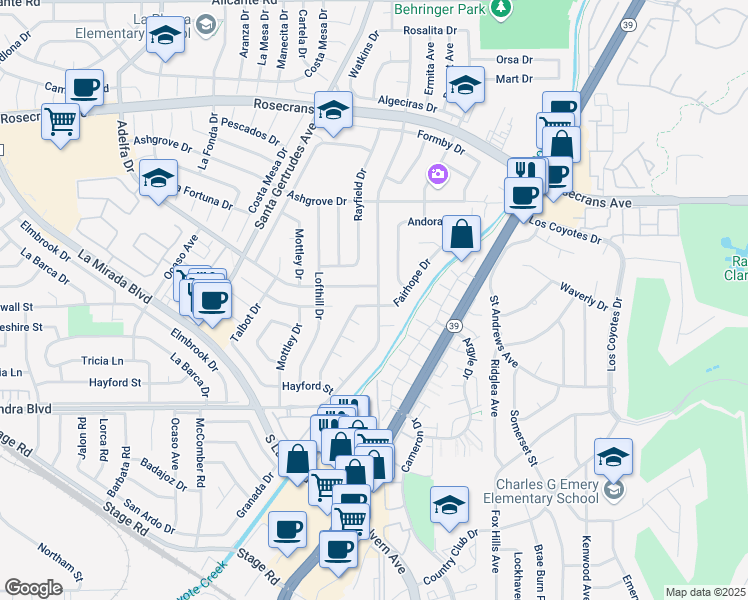 map of restaurants, bars, coffee shops, grocery stores, and more near 15786 Stanbrook Drive in La Mirada