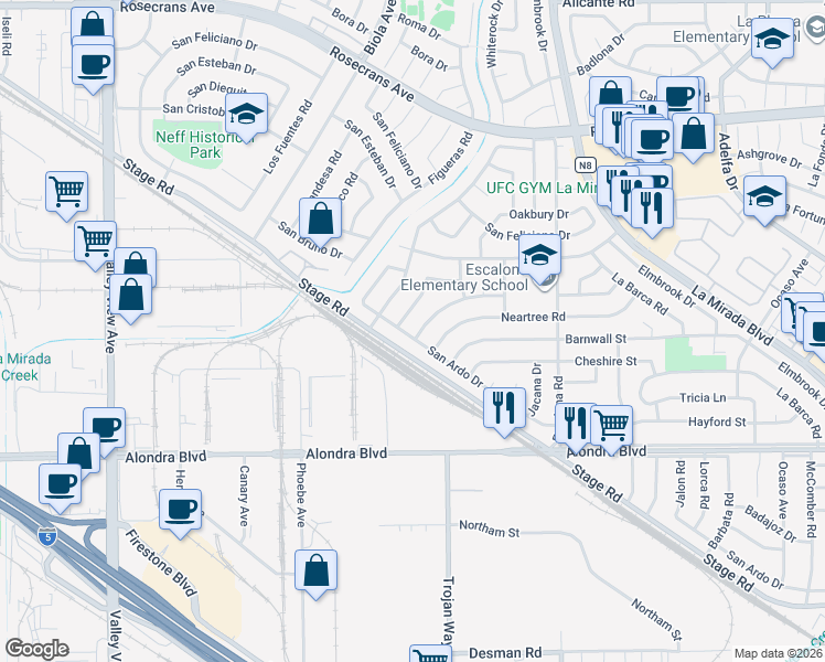 map of restaurants, bars, coffee shops, grocery stores, and more near 14743 La Capelle Road in La Mirada