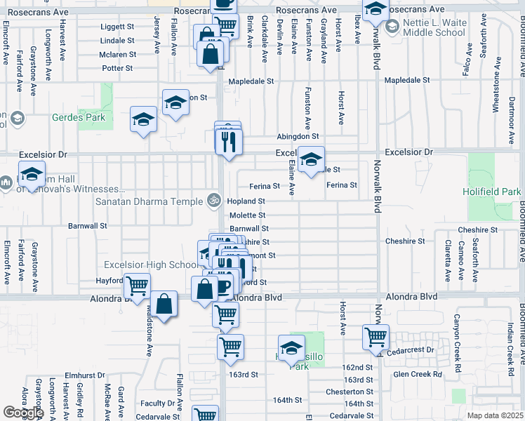 map of restaurants, bars, coffee shops, grocery stores, and more near 11900 Hopland Street in Norwalk
