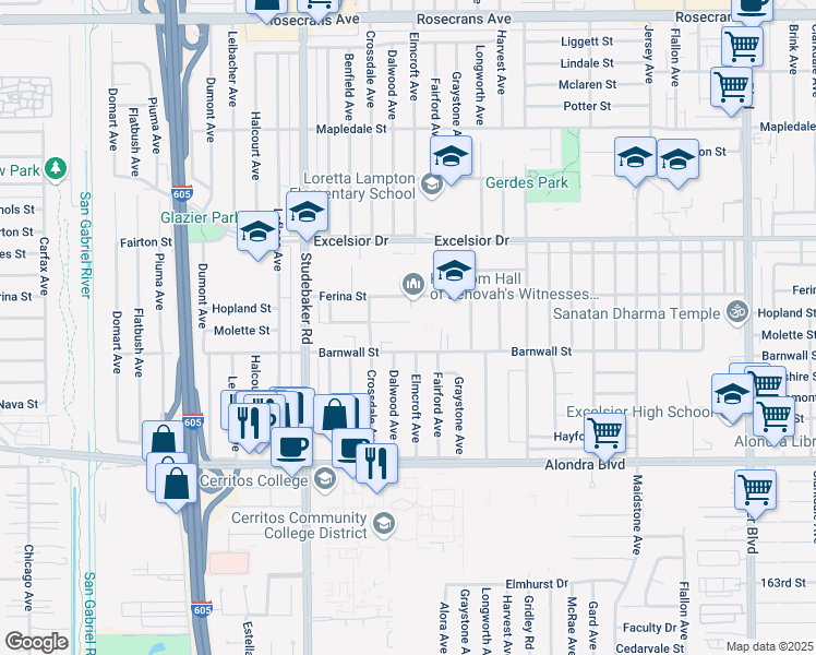 map of restaurants, bars, coffee shops, grocery stores, and more near 11123 Molette Street in Norwalk