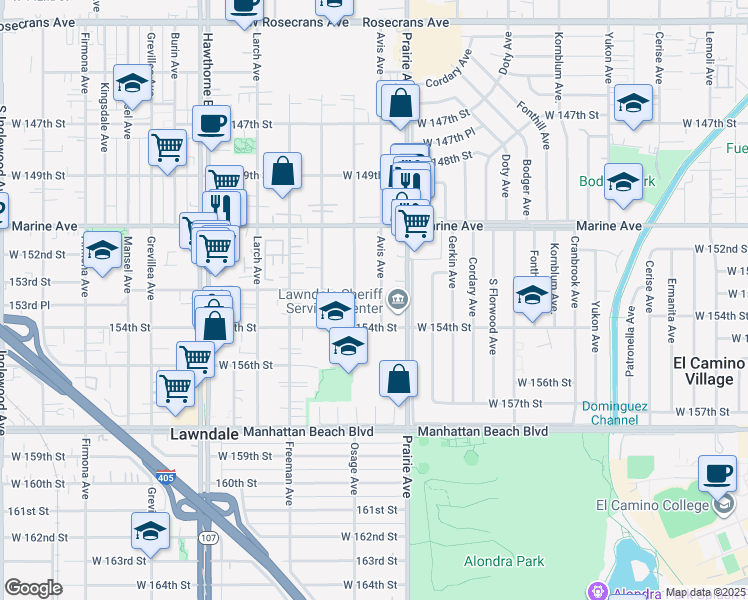 map of restaurants, bars, coffee shops, grocery stores, and more near 15236 Osage Avenue in Lawndale
