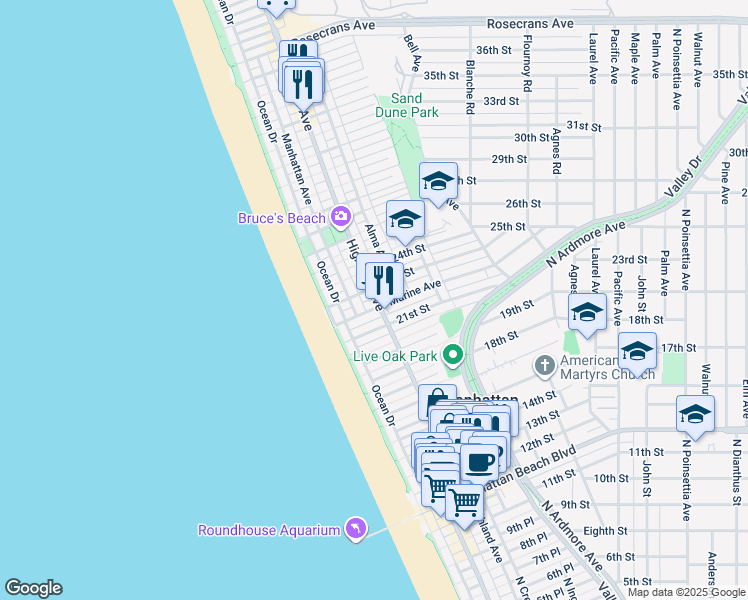 map of restaurants, bars, coffee shops, grocery stores, and more near 216 23rd Place in Manhattan Beach