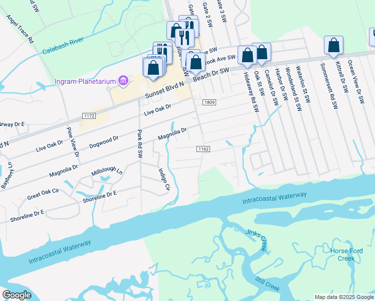 map of restaurants, bars, coffee shops, grocery stores, and more near 822 Salt Marsh Street Southwest in Sunset Beach