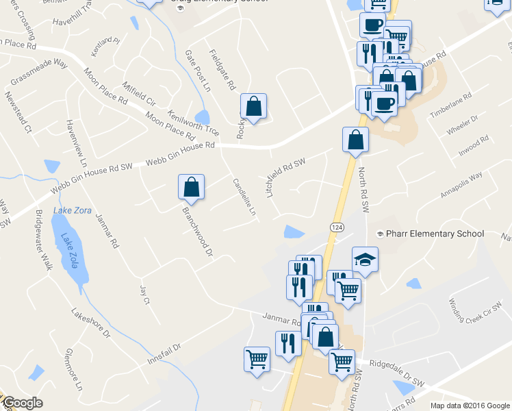 map of restaurants, bars, coffee shops, grocery stores, and more near 1396 Candlelite Lane in Snellville
