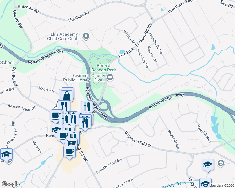 map of restaurants, bars, coffee shops, grocery stores, and more near 2767 Jo-Beth Drive Southwest in Lawrenceville