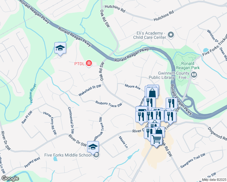 map of restaurants, bars, coffee shops, grocery stores, and more near 894 Oak Road Southwest in Lawrenceville