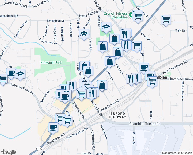 map of restaurants, bars, coffee shops, grocery stores, and more near 5220 Peachtree Boulevard in Chamblee