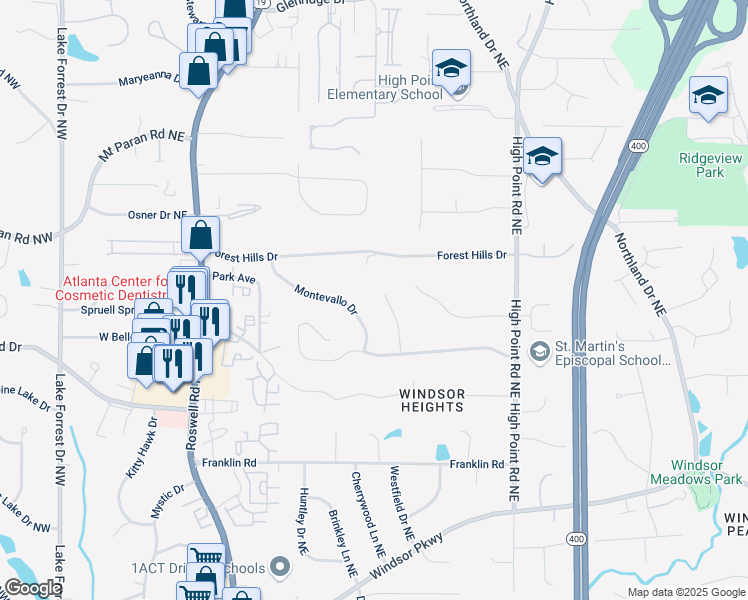 map of restaurants, bars, coffee shops, grocery stores, and more near 5020 Vallo Vista Court Northeast in Atlanta