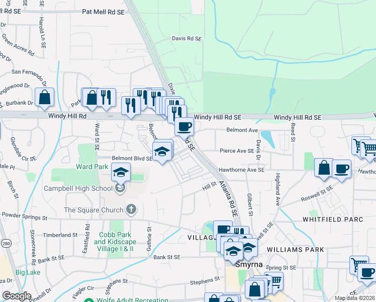 map of restaurants, bars, coffee shops, grocery stores, and more near 1 Dixie Avenue Southeast in Smyrna
