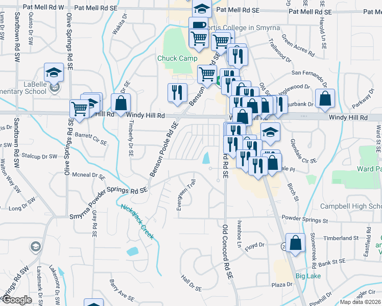 map of restaurants, bars, coffee shops, grocery stores, and more near 2041 White Cypress Court in Smyrna