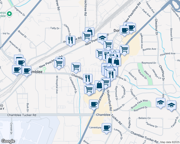 map of restaurants, bars, coffee shops, grocery stores, and more near 80 Pearl Lane in Chamblee