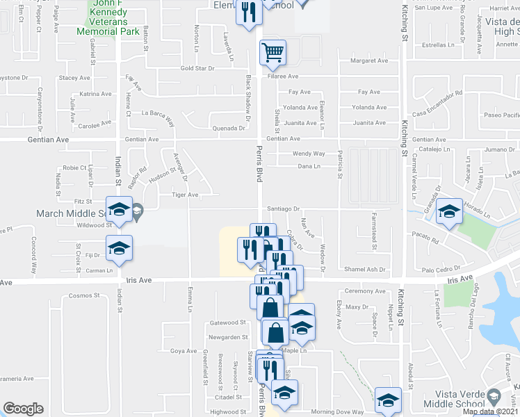 map of restaurants, bars, coffee shops, grocery stores, and more near Santiago Drive in Moreno Valley