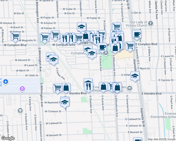 map of restaurants, bars, coffee shops, grocery stores, and more near 429 South Oleander Avenue in Compton