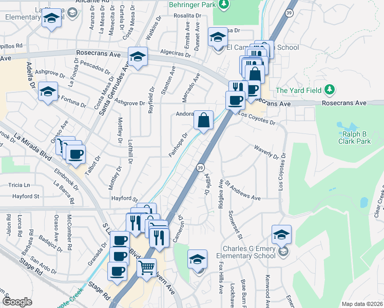 map of restaurants, bars, coffee shops, grocery stores, and more near 4646 Minorca Way in Buena Park