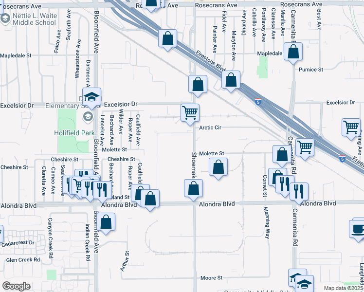 map of restaurants, bars, coffee shops, grocery stores, and more near 15301 Shoemaker Avenue in Norwalk
