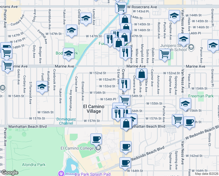 map of restaurants, bars, coffee shops, grocery stores, and more near 3158 West 153rd Street in Gardena