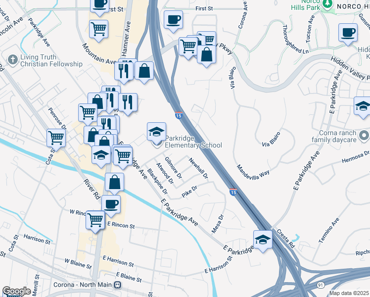 map of restaurants, bars, coffee shops, grocery stores, and more near 515 Corona Circle in Corona