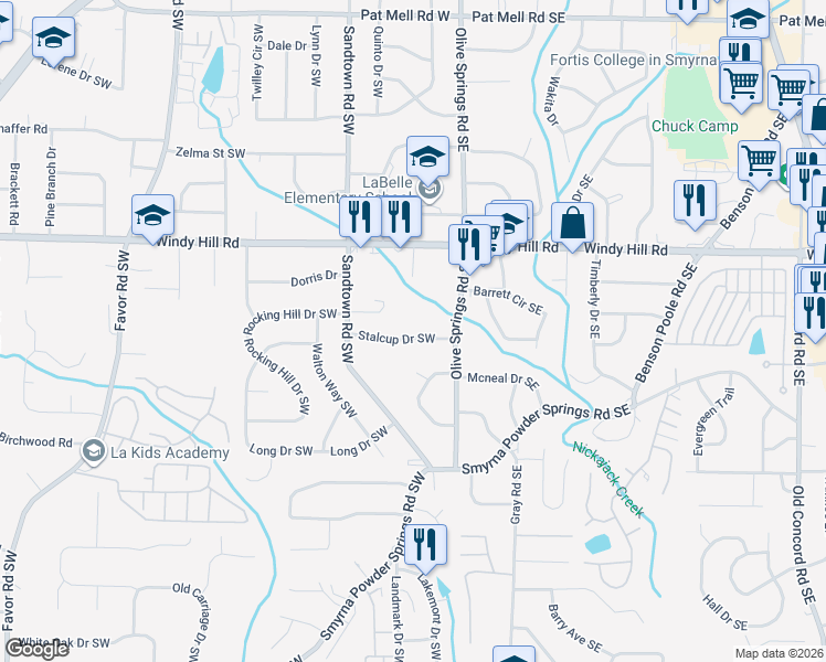 map of restaurants, bars, coffee shops, grocery stores, and more near 64 Stalcup Drive Southwest in Marietta