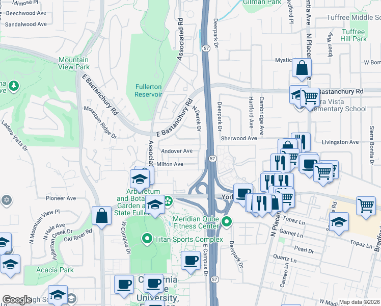 map of restaurants, bars, coffee shops, grocery stores, and more near 2670 Andover Avenue in Fullerton