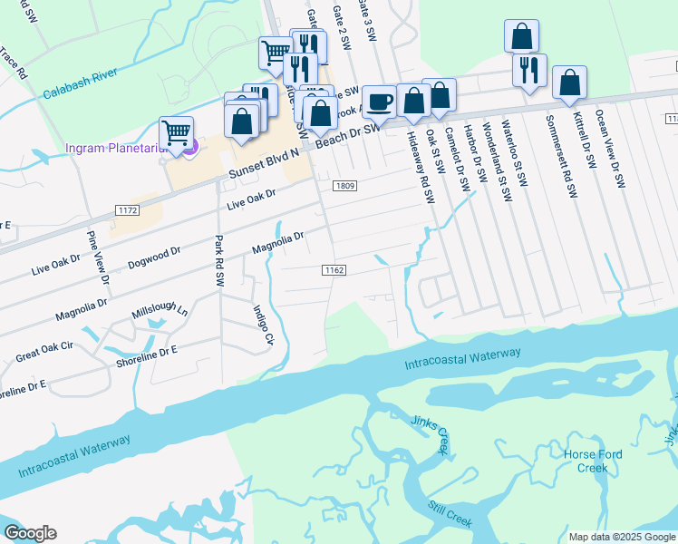 map of restaurants, bars, coffee shops, grocery stores, and more near 7299 Nursery Road Southwest in Ocean Isle Beach