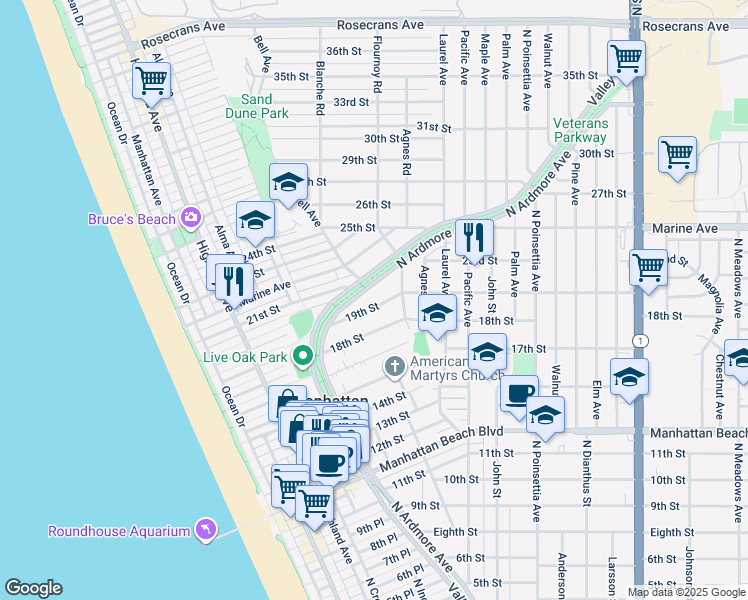 map of restaurants, bars, coffee shops, grocery stores, and more near 661 19th Street in Manhattan Beach