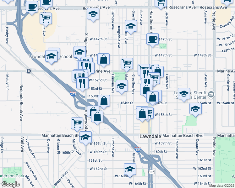 map of restaurants, bars, coffee shops, grocery stores, and more near 4535 153rd Place in Lawndale