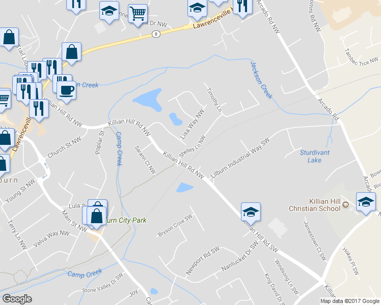 map of restaurants, bars, coffee shops, grocery stores, and more near 4516 Shelley Lane Northwest in Lilburn