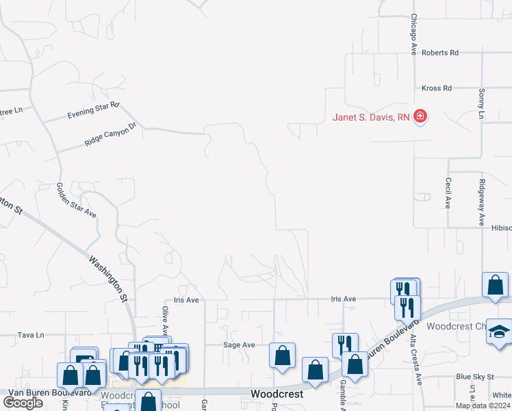 map of restaurants, bars, coffee shops, grocery stores, and more near Iris Avenue in Riverside