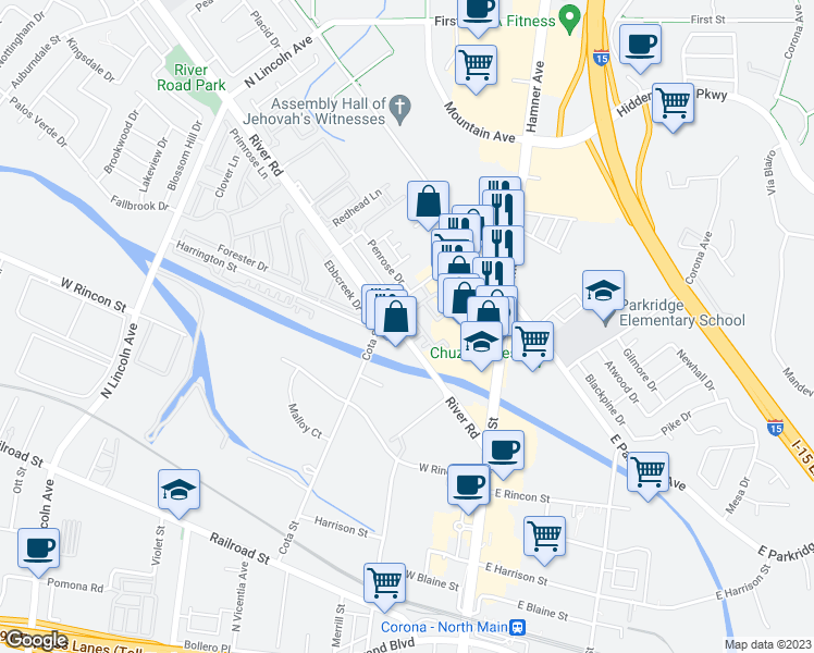 map of restaurants, bars, coffee shops, grocery stores, and more near 804 Pyramid Court in Corona