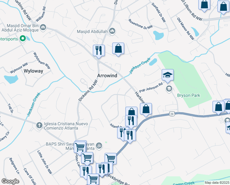 map of restaurants, bars, coffee shops, grocery stores, and more near 631 Harbins Road Northwest in Lilburn