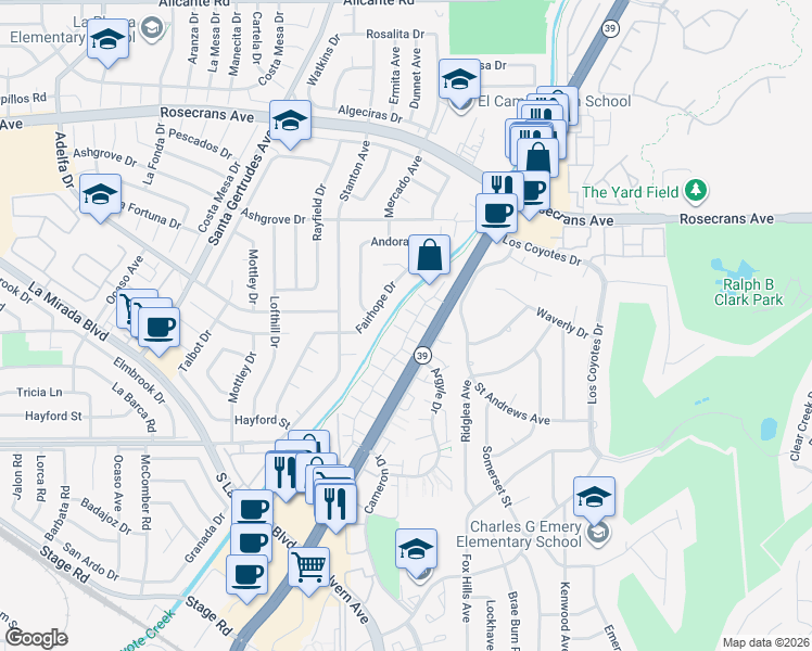 map of restaurants, bars, coffee shops, grocery stores, and more near 4637 Minorca Way in Buena Park
