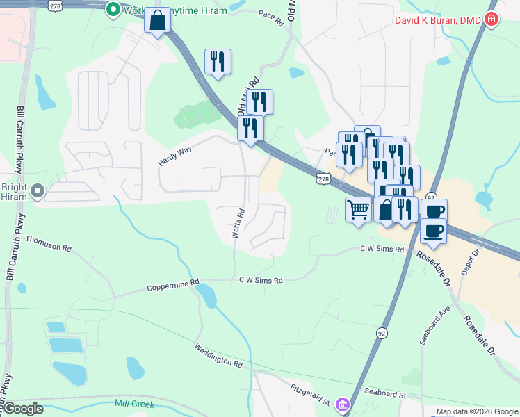 map of restaurants, bars, coffee shops, grocery stores, and more near 201 Enterprise Path in Hiram