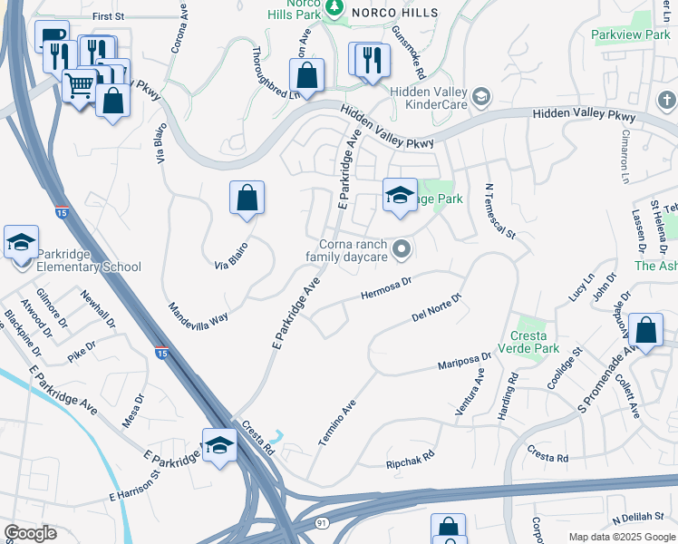 map of restaurants, bars, coffee shops, grocery stores, and more near 702 Shaffer Street in Corona