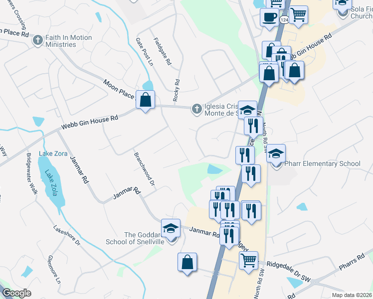 map of restaurants, bars, coffee shops, grocery stores, and more near 1396 Candlelite Lane in Snellville