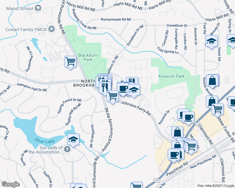 map of restaurants, bars, coffee shops, grocery stores, and more near 2188 Johnson Ferry Road Northeast in Atlanta