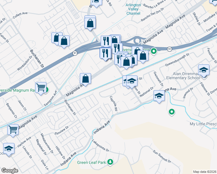 map of restaurants, bars, coffee shops, grocery stores, and more near 12027 Taylor Street in Riverside