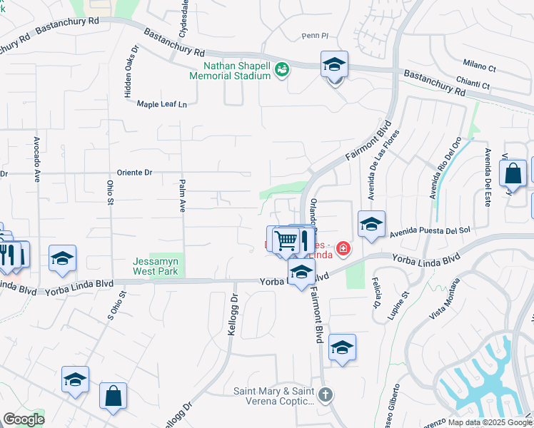 map of restaurants, bars, coffee shops, grocery stores, and more near 4741 Cardena Plaza in Yorba Linda