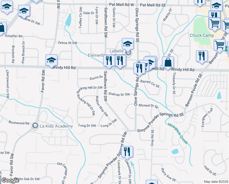 map of restaurants, bars, coffee shops, grocery stores, and more near 106 Stalcup Drive Southwest in Marietta