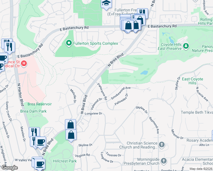 map of restaurants, bars, coffee shops, grocery stores, and more near 2017 Driftwood Dr in Fullerton