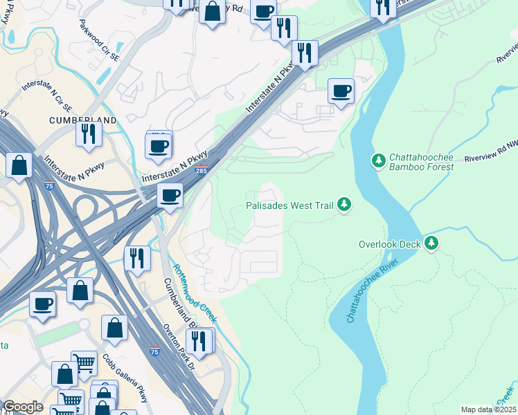 map of restaurants, bars, coffee shops, grocery stores, and more near 1725 Akers Ridge Drive Southeast in Atlanta