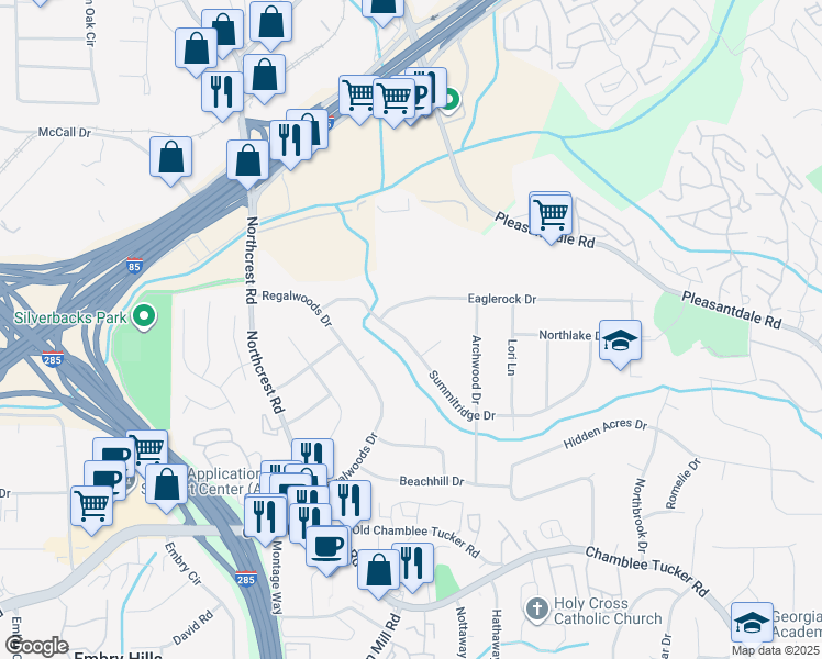 map of restaurants, bars, coffee shops, grocery stores, and more near 3505 Eaglerock Drive in Doraville
