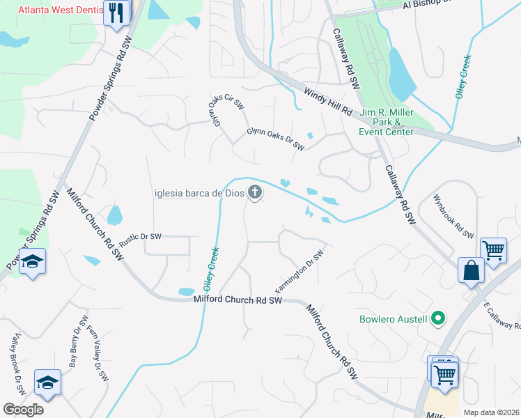 map of restaurants, bars, coffee shops, grocery stores, and more near 2545 Creekview Drive Southwest in Marietta